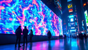 A photograph of a vibrant led display in an urban setting
