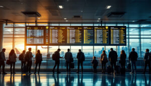A photograph of a vibrant airport flight information display board showcasing led screens with flight details
