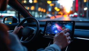 A photograph of a modern car interior showcasing a vibrant led digital screen in use
