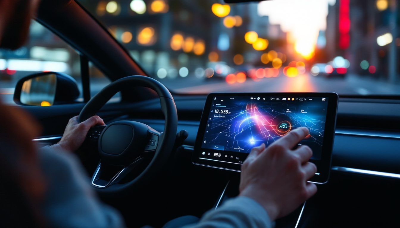 A photograph of a modern car interior showcasing a vibrant led digital screen in use