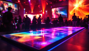 A photograph of a vibrant led rolling floor display in action at an event