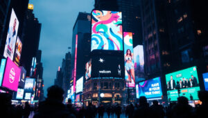 A photograph of capture a photograph of a vibrant led billboard in a bustling new york city setting