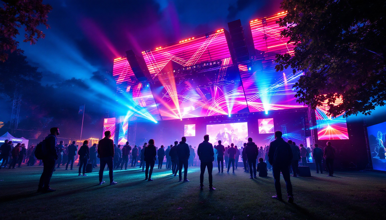 A photograph of a vibrant outdoor event featuring a large led display trailer in action