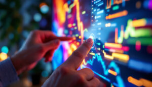 A photograph of a close-up of a person adjusting the brightness settings on a modern led computer screen