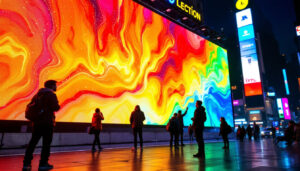 A photograph of a vibrant led display in a bustling urban environment at night