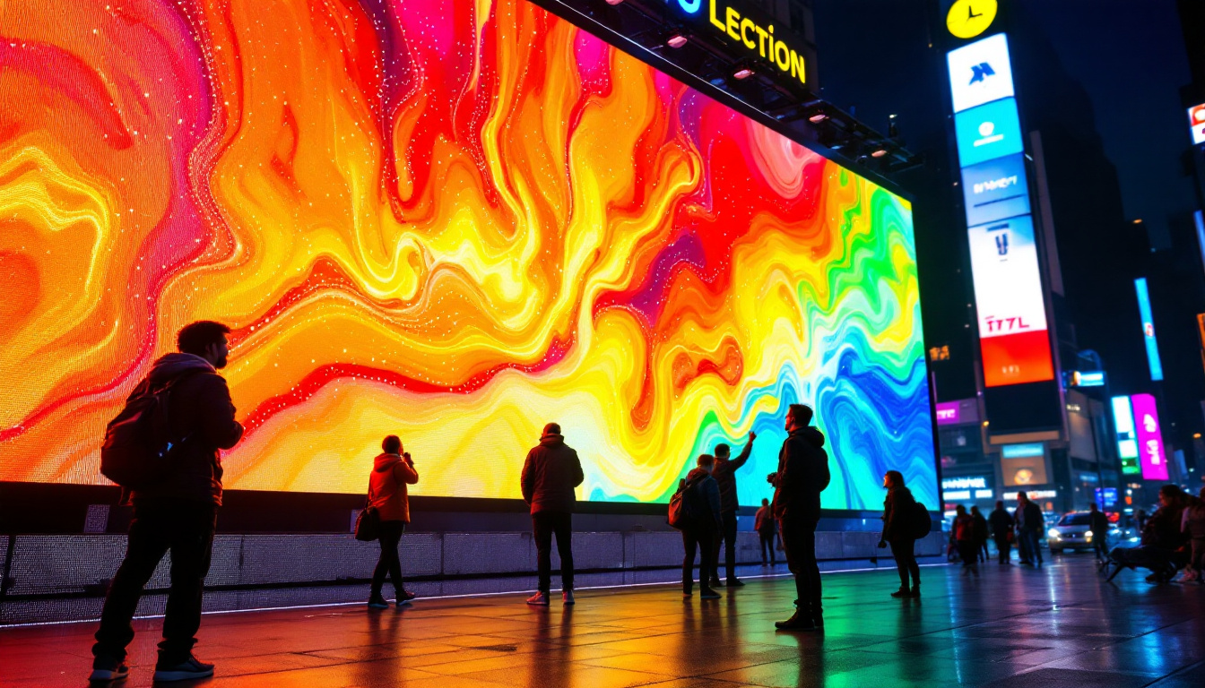 A photograph of a vibrant led display in a bustling urban environment at night