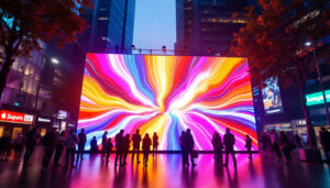 A photograph of a vibrant led digital display in an outdoor setting