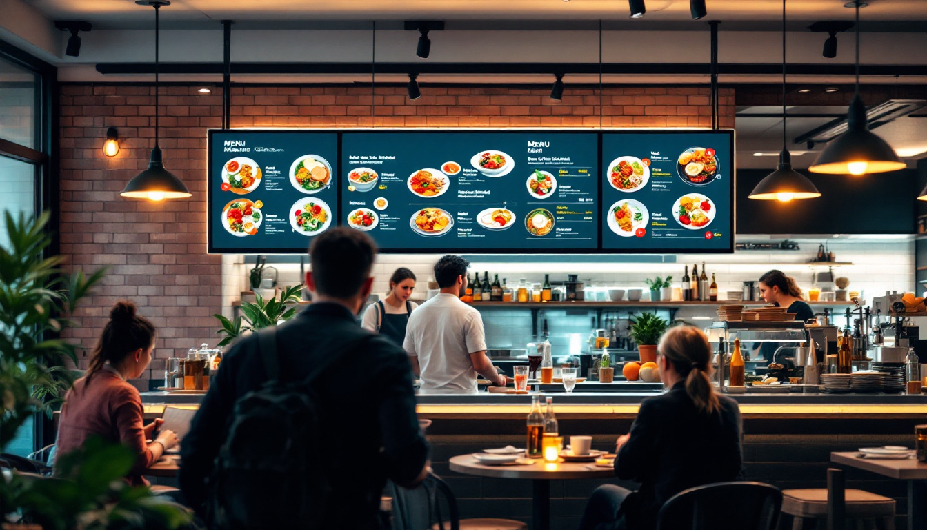 A photograph of a vibrant restaurant environment featuring a sleek led menu board prominently displayed