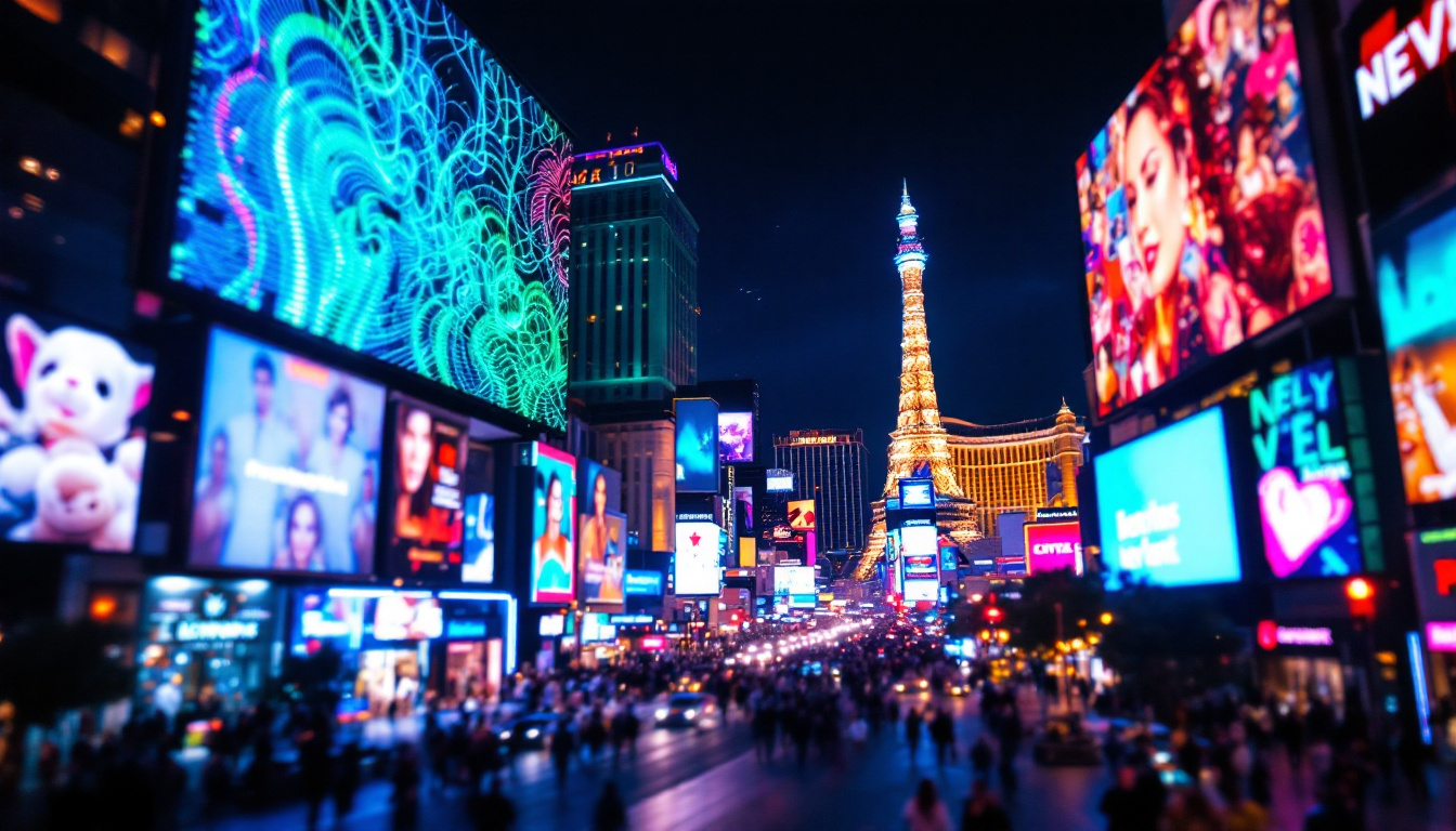 A photograph of capture a photograph of a vibrant led display in las vegas at night