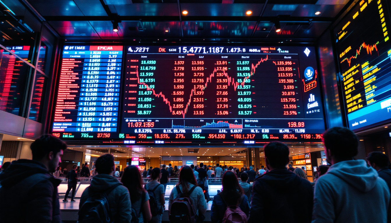 A photograph of a vibrant led stock market ticker display in an urban setting