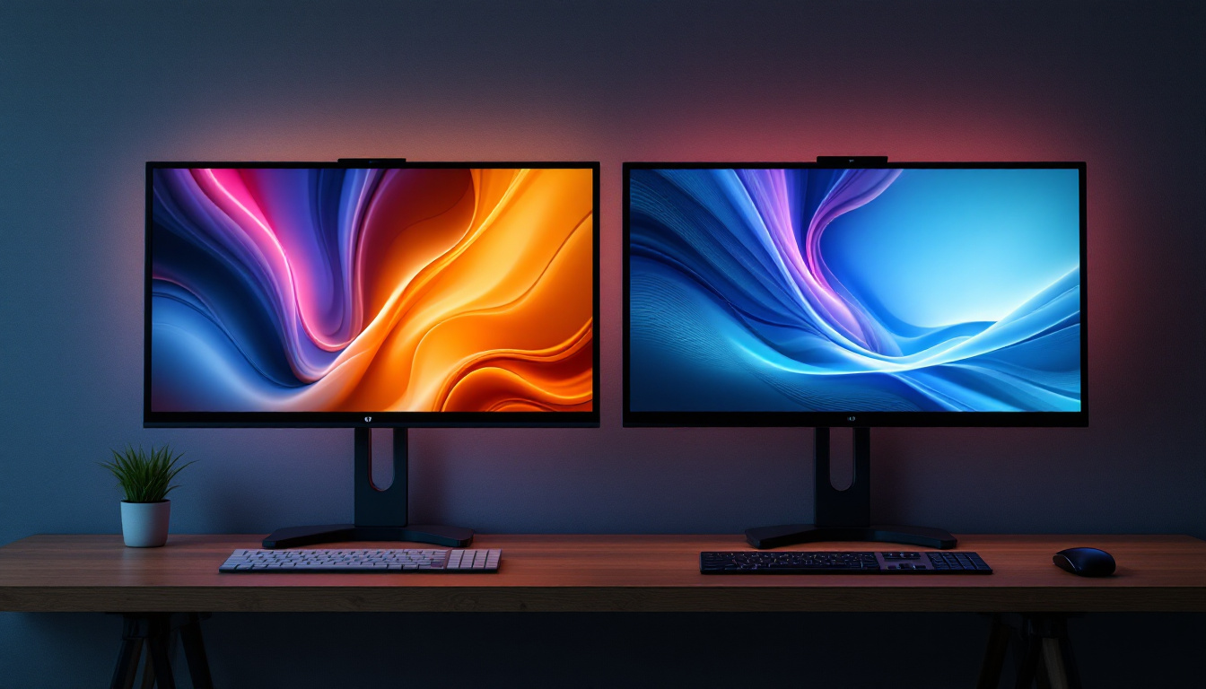 A photograph of a side-by-side comparison of an lcd and an led display