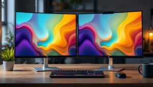 A photograph of a side-by-side comparison of an led monitor and an lcd monitor