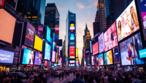 A photograph of capture a photograph of the vibrant led screens in times square at dusk