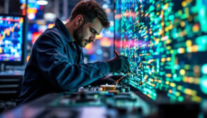 A photograph of a technician skillfully repairing an led display