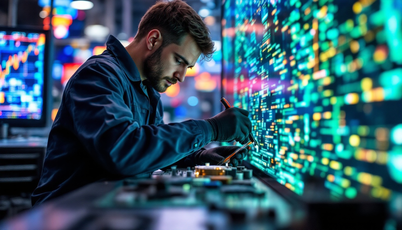 A photograph of a technician skillfully repairing an led display