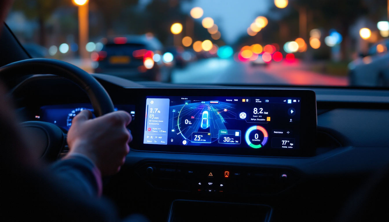 A photograph of capture a photograph of a modern car's digital led display in action