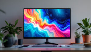 A photograph of a sleek 32-inch led display showcasing vibrant colors and sharp images