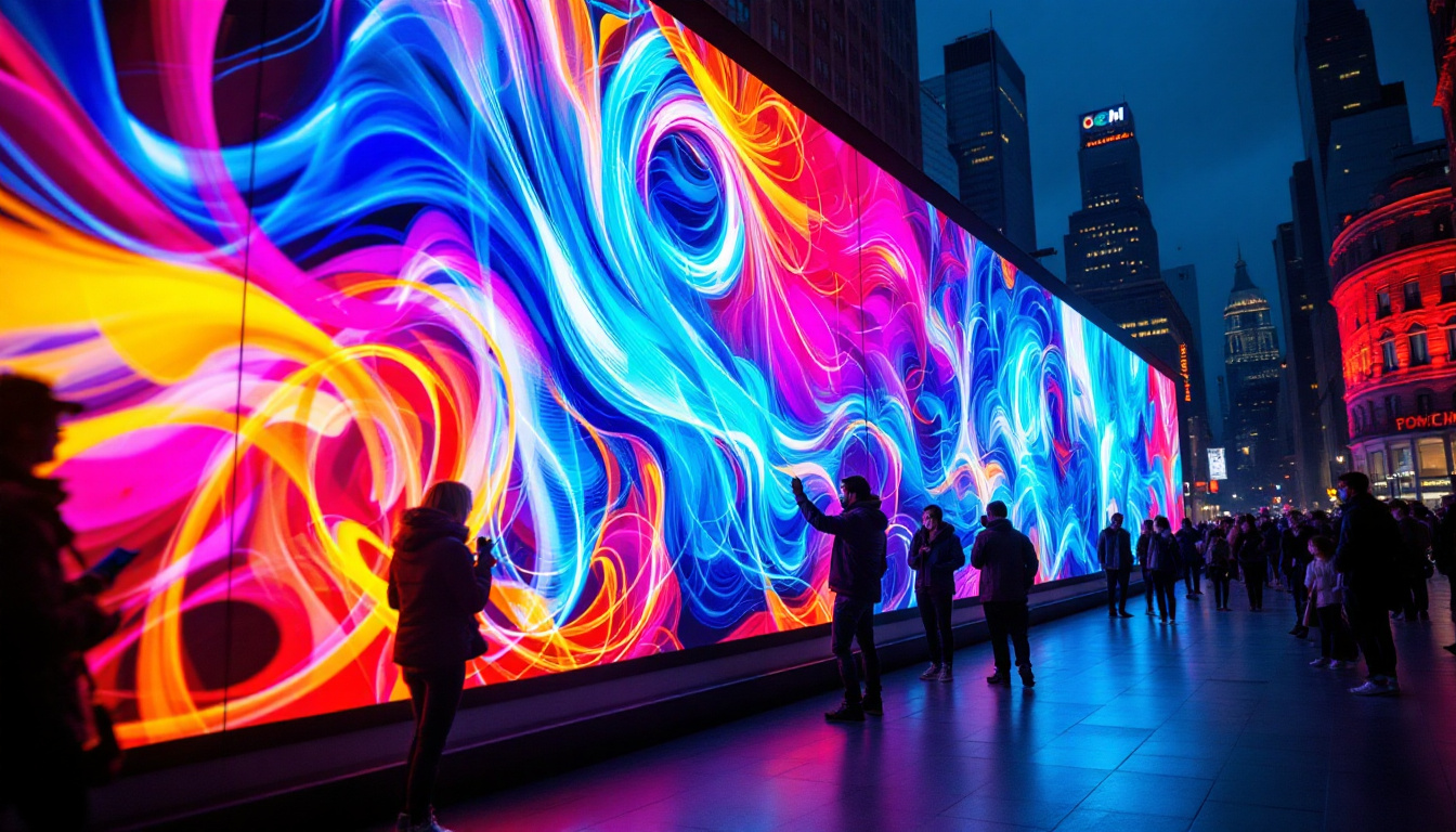 A photograph of a vibrant led display showcasing dynamic colors and patterns in an urban setting