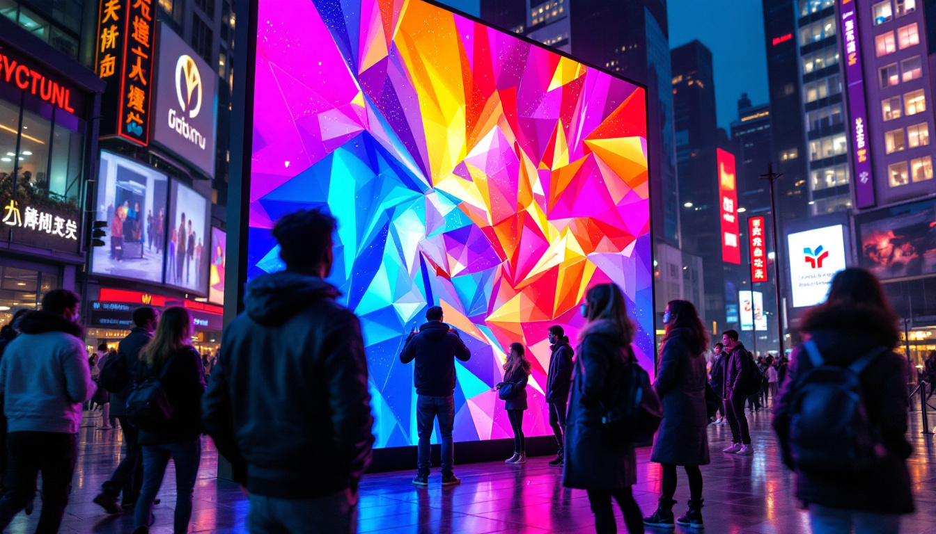 A photograph of a vibrant 3d led display in an urban setting