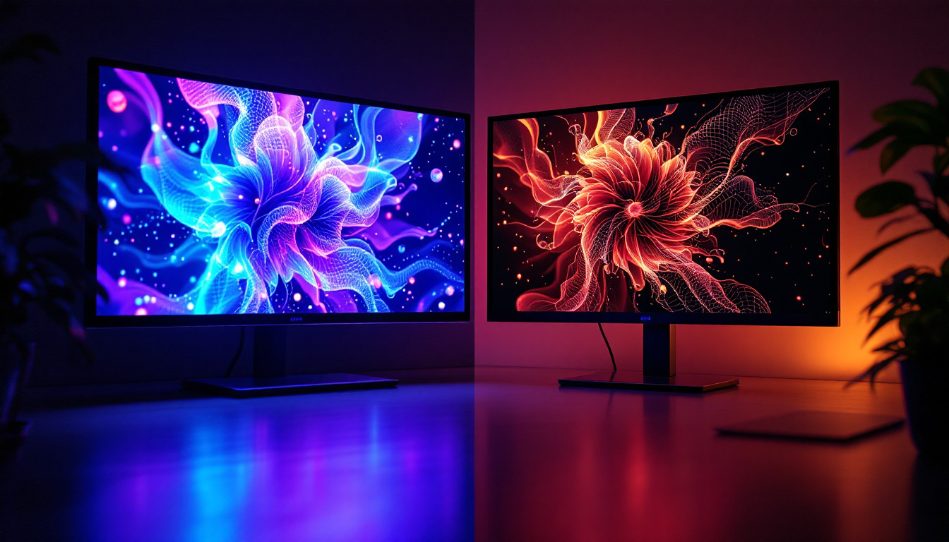 A photograph of a side-by-side comparison of an led display and an lcd screen
