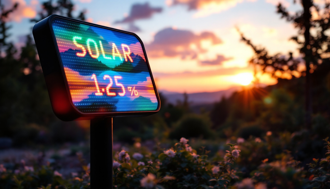 A photograph of a vibrant solar-powered led sign illuminated at dusk