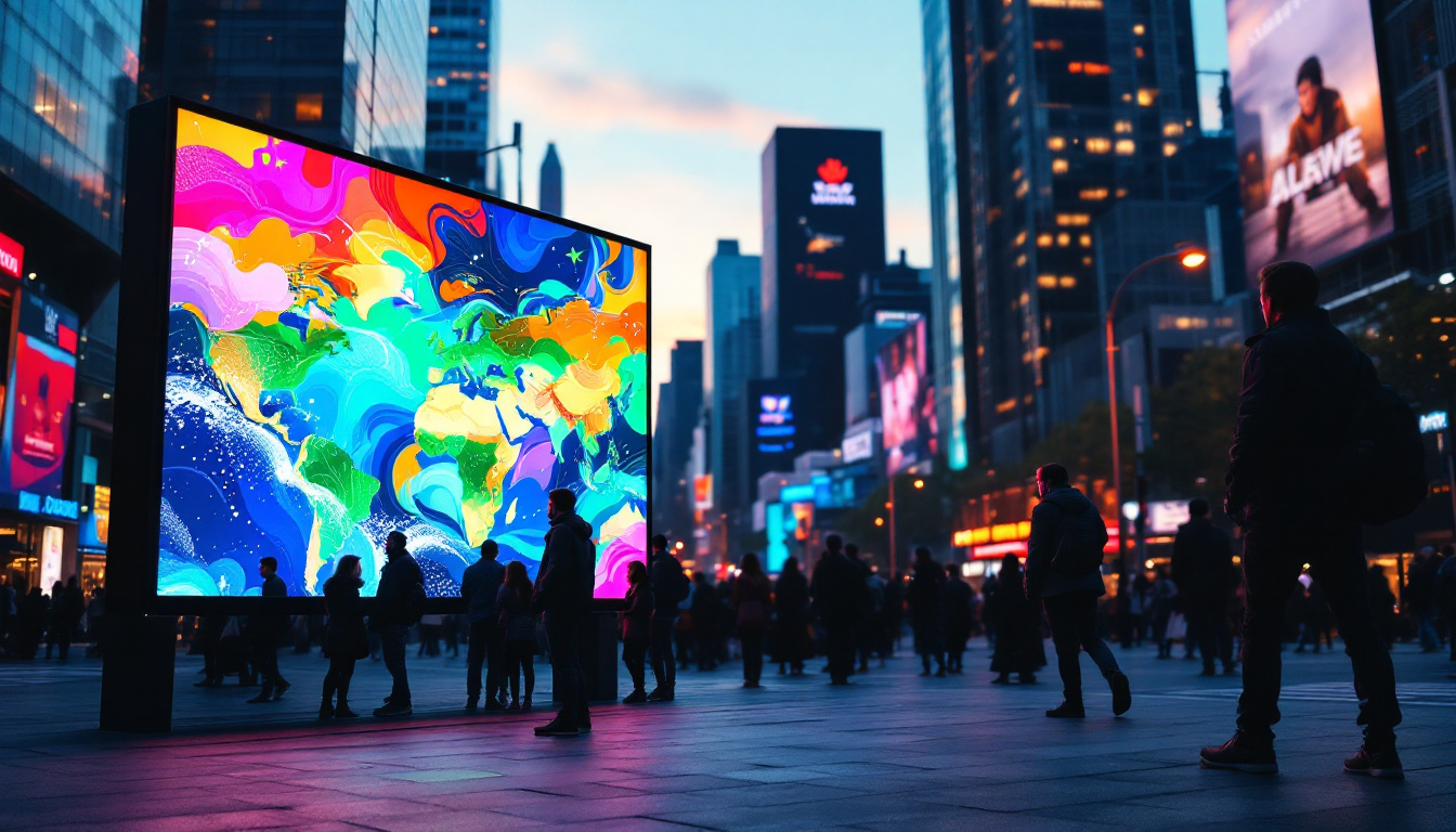 A photograph of capture a photograph of a vibrant outdoor led display in a bustling urban setting at dusk