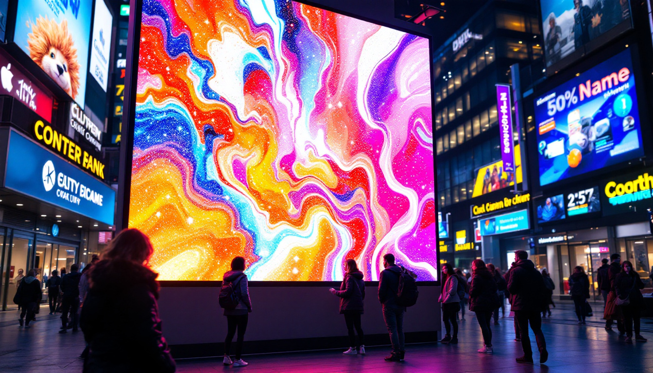 A photograph of a vibrant led digital banner display in a bustling urban setting
