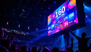 A photograph of a vibrant led scoreboard in action during a live sporting event