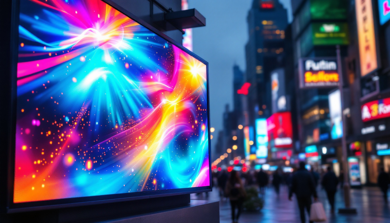 A photograph of a vibrant led display in a bustling urban setting