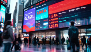 A photograph of a vibrant led ticker display in a bustling urban environment