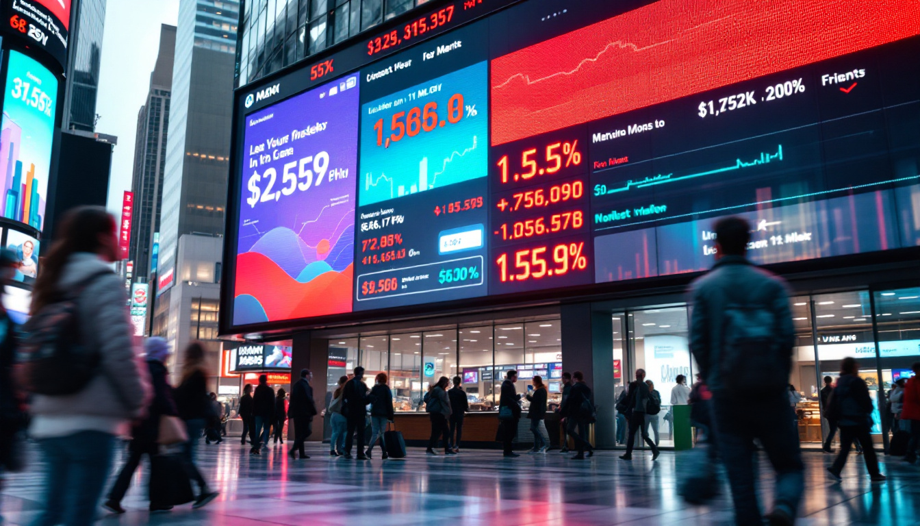 A photograph of a vibrant led ticker display in a bustling urban environment
