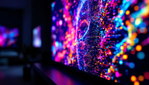 A photograph of a close-up shot of a black led tv screen displaying a vibrant image