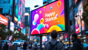 A photograph of capture a photograph of a vibrant led billboard displaying an eye-catching advertisement in a bustling urban setting