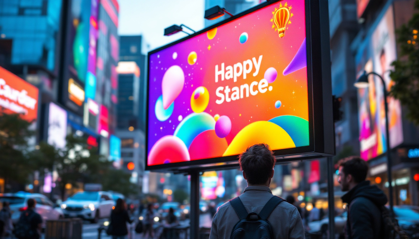 A photograph of capture a photograph of a vibrant led billboard displaying an eye-catching advertisement in a bustling urban setting