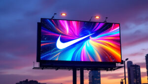 A photograph of capture a photograph of a vibrant nike billboard featuring an led display at dusk