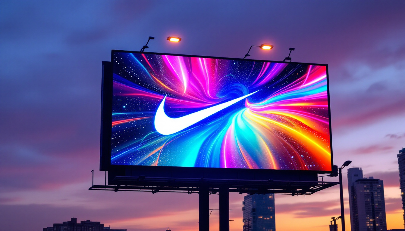 A photograph of capture a photograph of a vibrant nike billboard featuring an led display at dusk