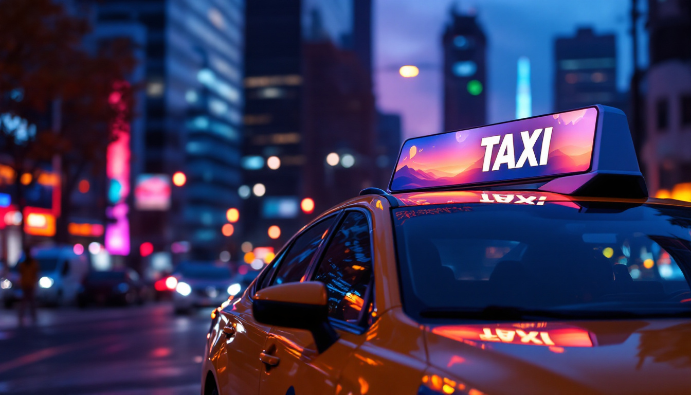 A photograph of a vibrant taxi with an illuminated led display on its rooftop