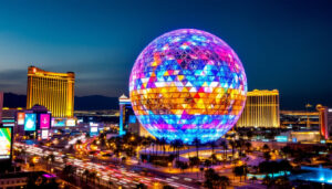 A photograph of the las vegas sphere illuminated at night