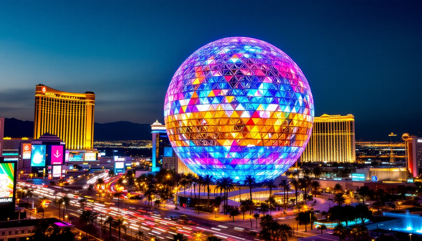 A photograph of the las vegas sphere illuminated at night