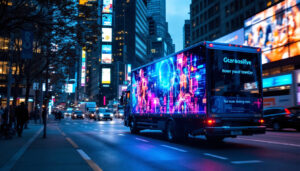 A photograph of a vibrant digital truck displaying an eye-catching led advertisement on a busy city street