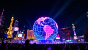 A photograph of capture a photograph of the stunning led display of the big globe in las vegas at night