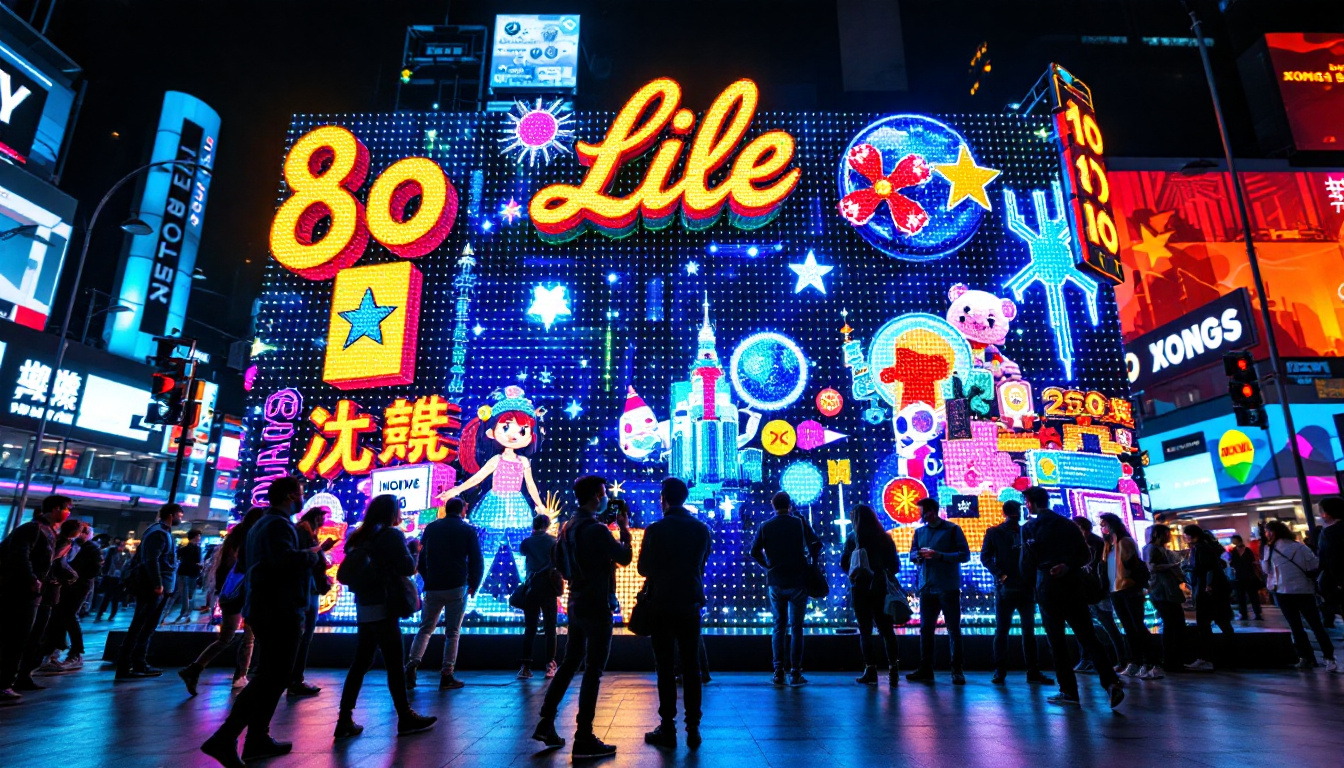 A photograph of a vibrant led display in a dynamic urban environment