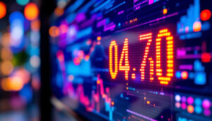 A photograph of a close-up shot of an led display showcasing the ultra av phone number in vibrant colors