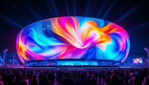 A photograph of capture a photograph of the sphere stadium's stunning led display at night