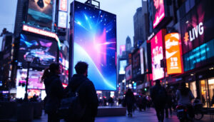A photograph of a vibrant led display in a dynamic urban setting