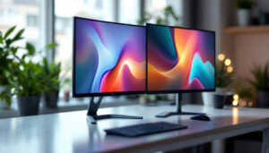 A photograph of a side-by-side comparison of an lcd monitor and an led monitor