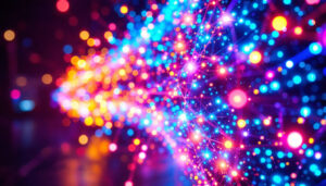 A photograph of a vibrant led display showcasing dynamic light patterns and colors
