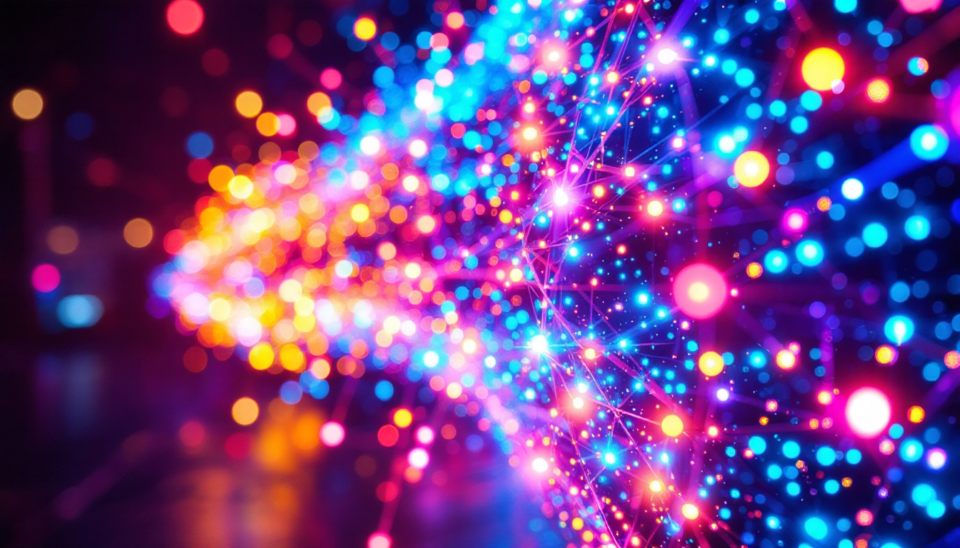 A photograph of a vibrant led display showcasing dynamic light patterns and colors