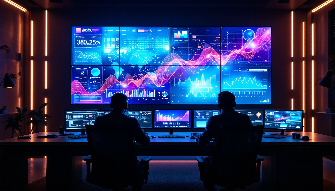 A photograph of a modern control room featuring a vibrant led display in action