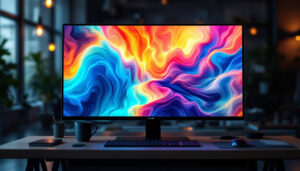 A photograph of a large flat screen led monitor displaying vibrant